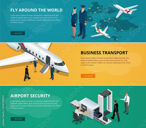 Airport web banner set. Concept of international private airline. Flying commercial and private personal transport passenger jet. Fly around the world, business transport. Flat 3d isometric vector.
