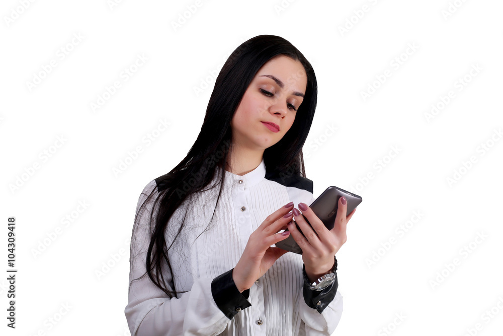 beautiful woman businessman looking at phone isolated on white background beautiful woman businessman looking at phone isolated on white background