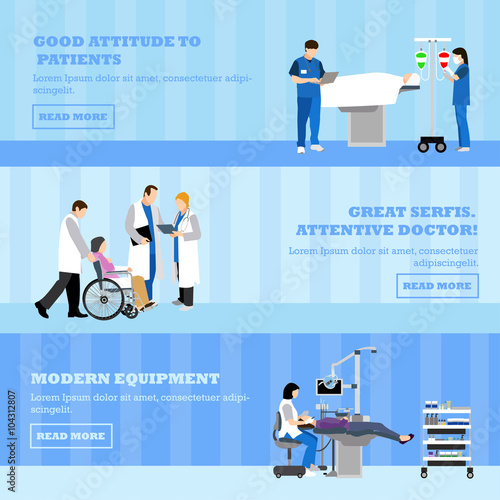 Horizontal vector banners with doctors and patients in hospital. Patients passing medical check up, surgery operation room. Flat cartoon illustration.