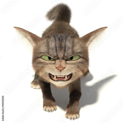 Fototapeta Naklejka Na Ścianę i Meble -  3D aggressive fluffy cat on a white background 