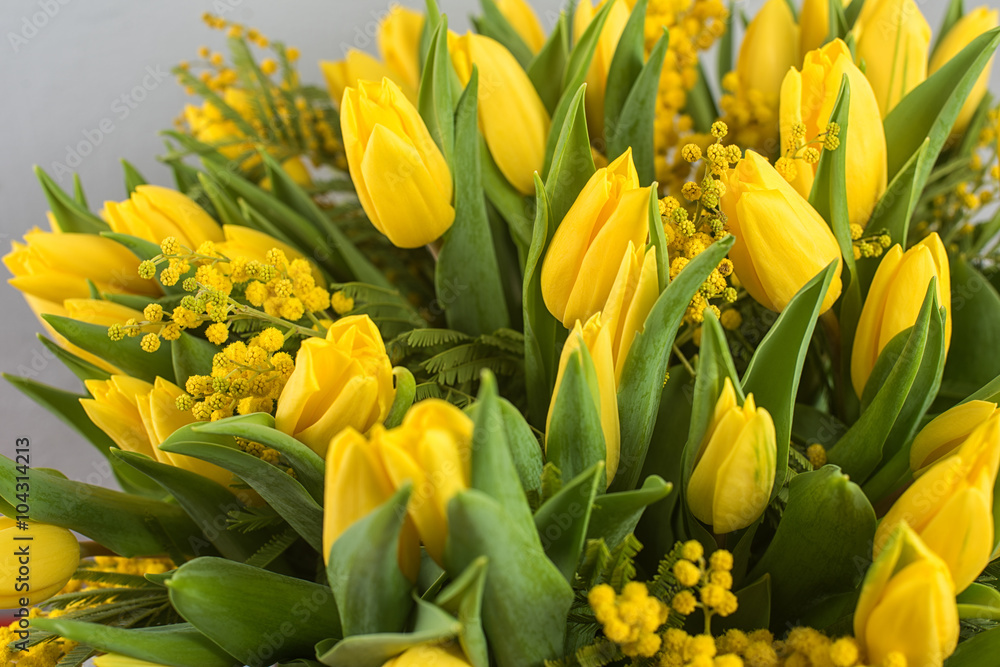 Bright spring bouquet of tulips and mimosa flowers Bright spring bouquet of tulips and mimosa flowers
