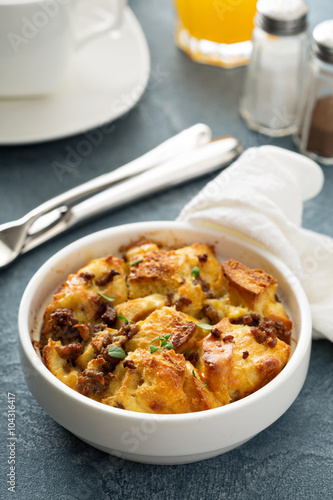 Breakfast strata with cheese and sausage