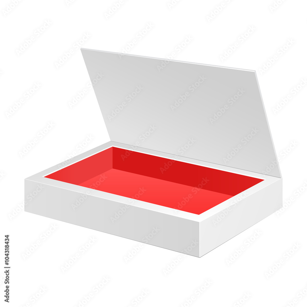 Opened White Red Cardboard Package Box. Gift Candy. On White Background Isolated. Ready For Your Design. Product Packing Vector EPS10 Opened White Red Cardboard Package Box. Gift Candy. On White Background Isolated. Ready For Your Design. Product Packing Vector EPS10