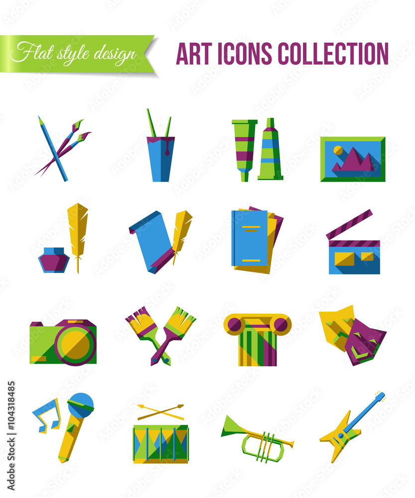 Holiday icons. Set of art, theater and music flat icons with scene, painting and writing symbols.