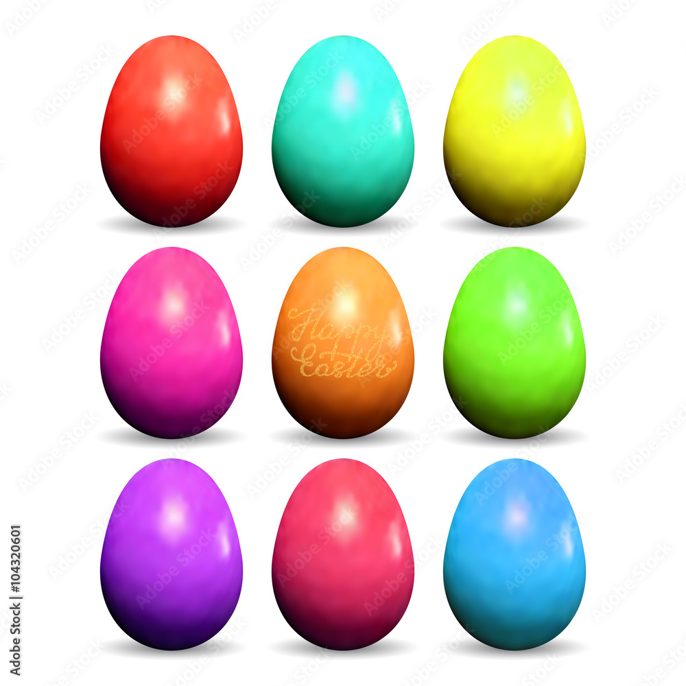 Set of realistic colorful Easter eggs on white background.