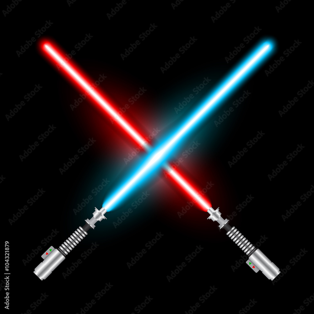Naklejka premium Crossed light swords of Jedi based on the movie Star War. Blue and red swords