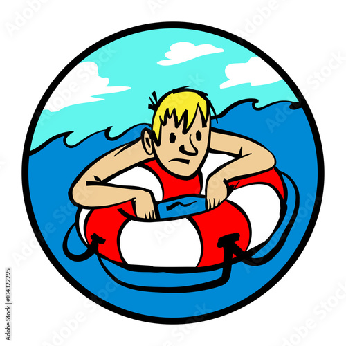 Man clinging to life preserver cartoon vector illustration