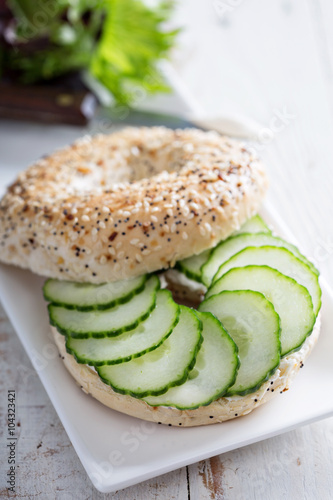 Everything bagels with cream cheese and cucumber