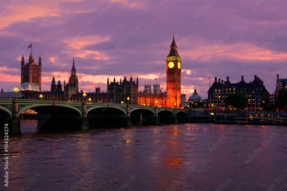 Beautiful sunset over Big Ben and the Parliament buildings, London, England