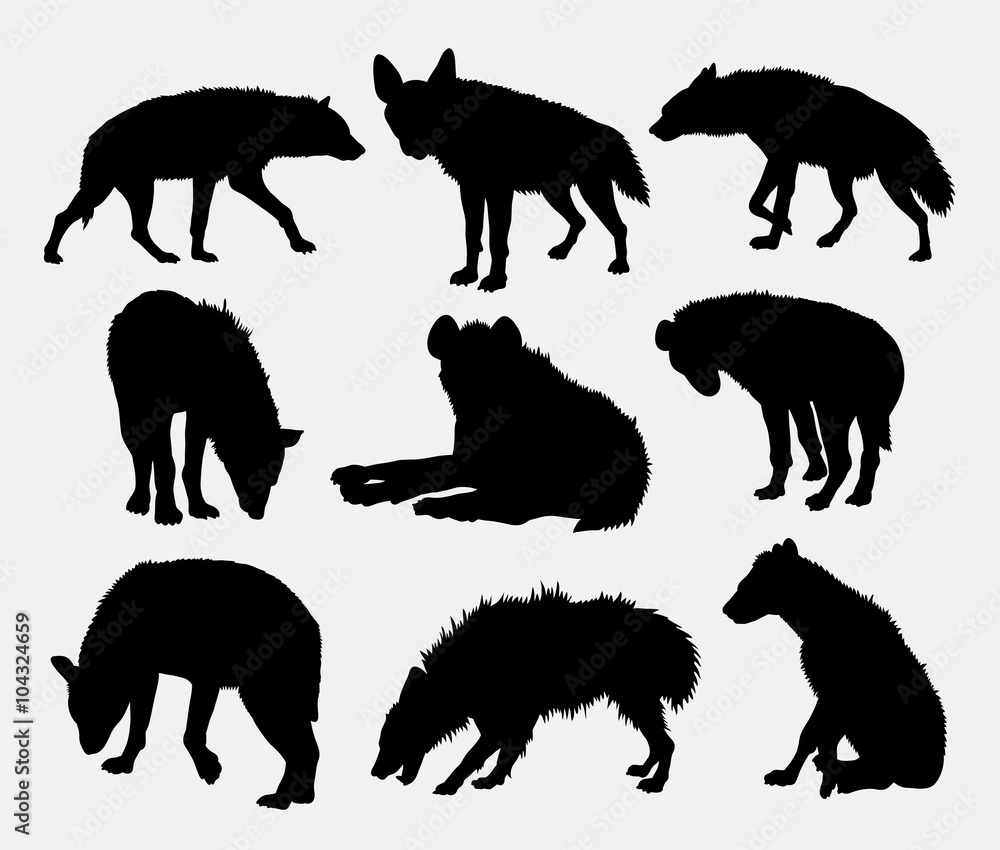 Fototapeta premium Sylwetka zwierzęcia ssaka hiena 02. Dobre wykorzystanie symbolu, logo, ikony internetowej, maskotki, projektu naklejki, znaku, awatara lub dowolnego wzoru. Łatwy w użyciu.