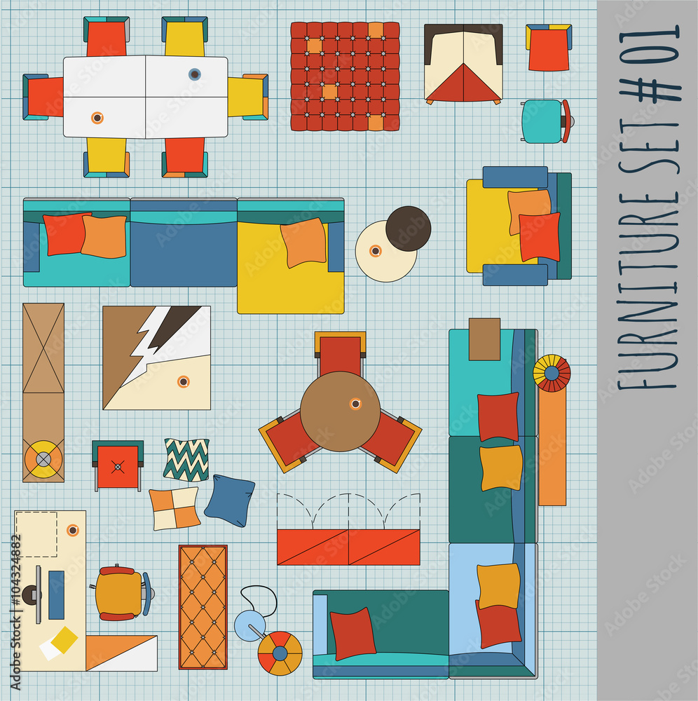 Standard furniture symbols used in architecture plans icons set, graphic design elements,home planning icon set.Living room - top view symbols. Vector isolated. Standard furniture symbols used in architecture plans icons set, graphic design elements,home planning icon set.Living room - top view symbols. Vector isolated.
