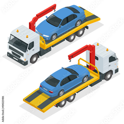 Tow truck isometric vector. Car towing truck 3d flat illustration. Tow truck for transportation faults and emergency cars isometric illustration isolated on white background. City transport 