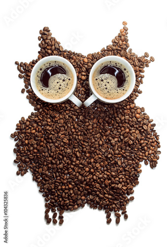 Coffee beans. Coffee. Figure owls made from coffee beans.
