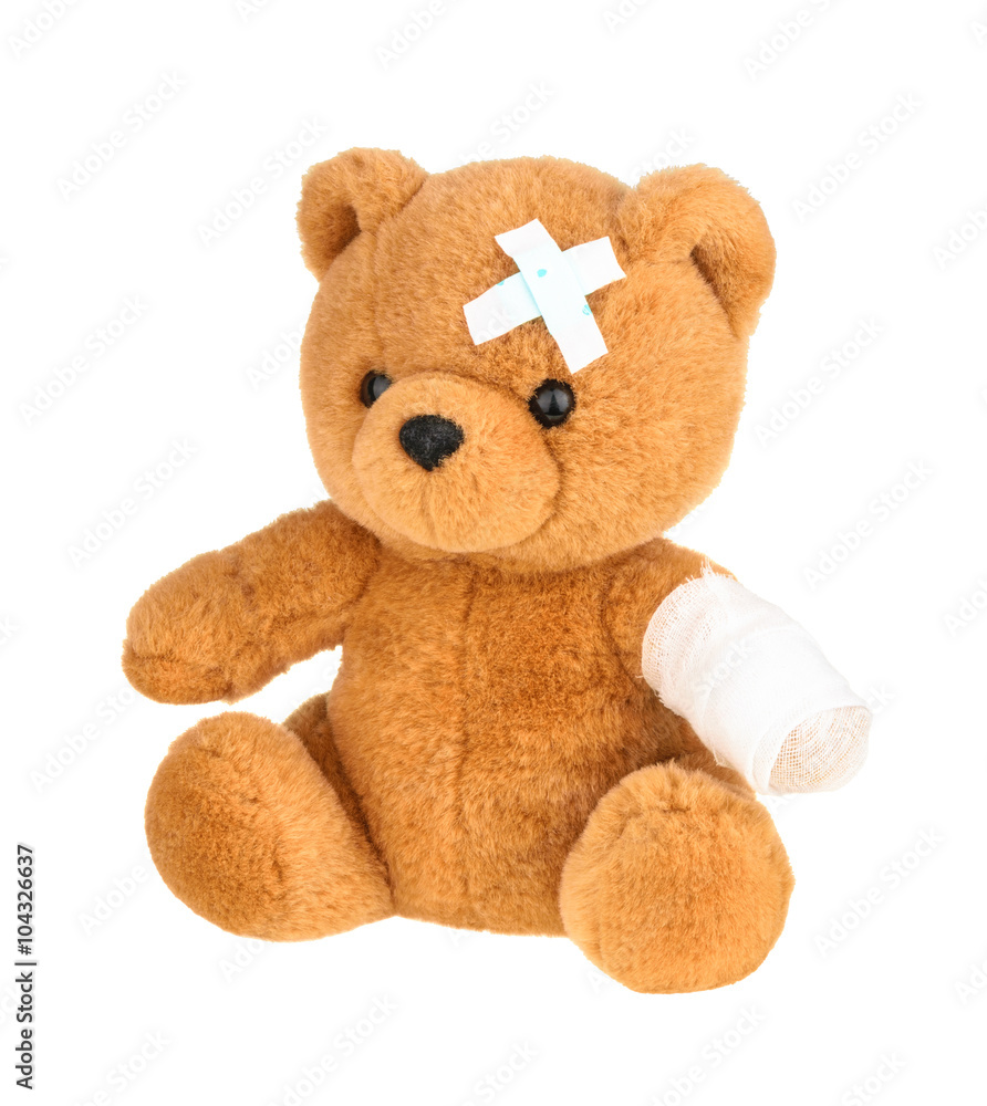Teddy bear with bandage isolated on white, without shadow. Teddy bear with bandage isolated on white, without shadow.