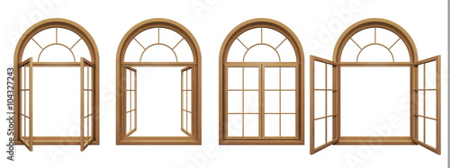 Collection of isolated wooden arched windows