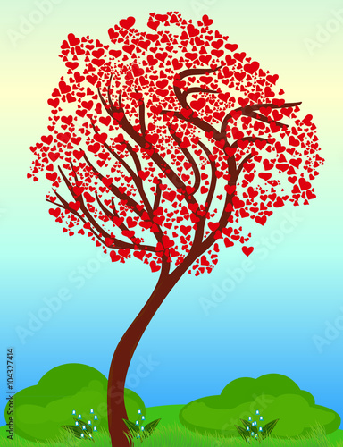 Beautiful vector spring tree with the heart leaves