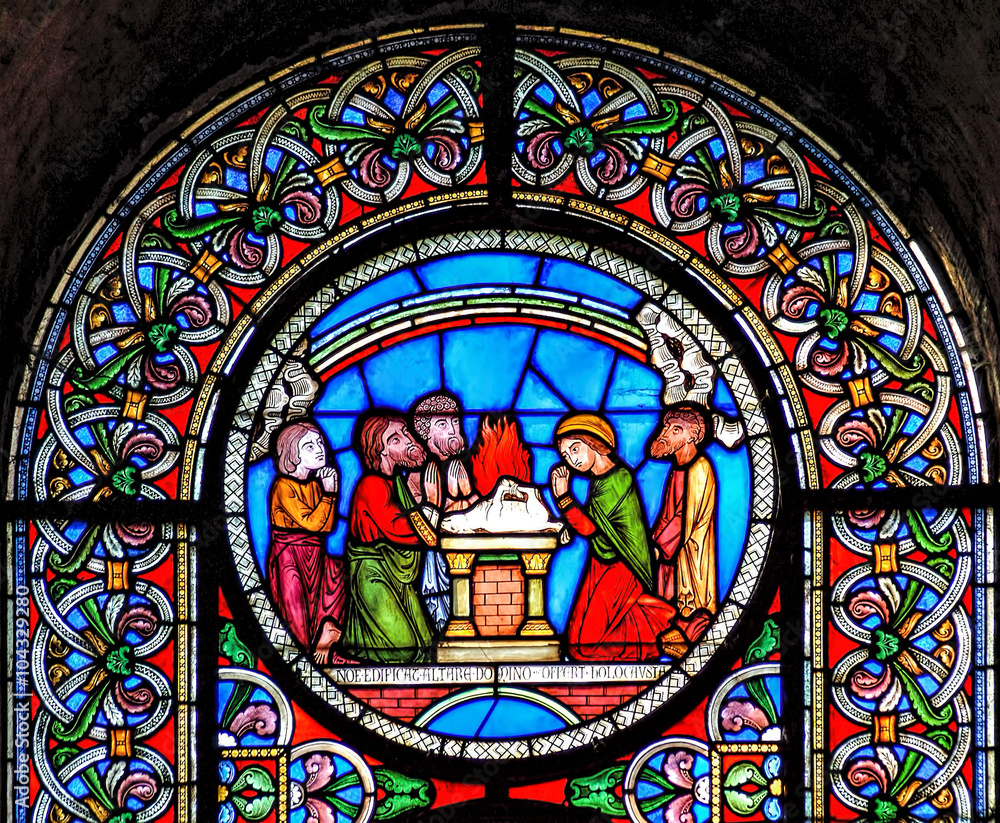  Stained glass window depicting the rainbow at the end of Noahs