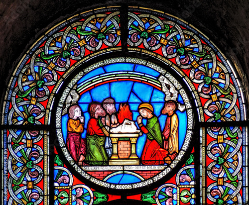  Stained glass window depicting the rainbow at the end of Noahs