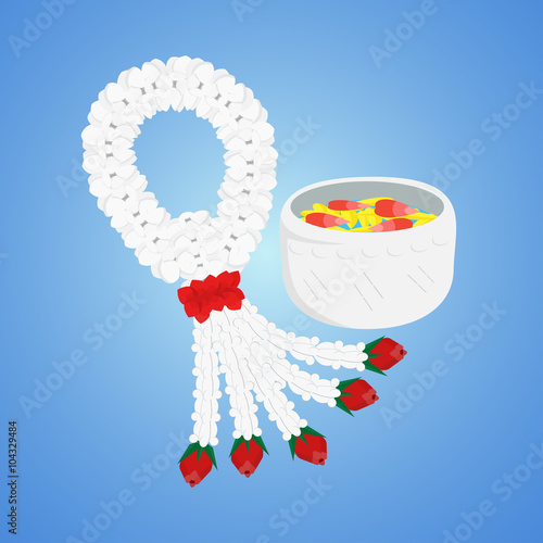 thai jasmine garland and silver bowl with petal on water for songkran festival