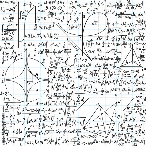 Vector seamless pattern with mathematical formulas, equations and figures, "handwritten on the copybook paper"