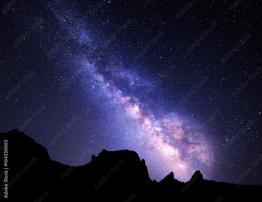 Landscape with Milky Way. Night sky with stars at mountains.