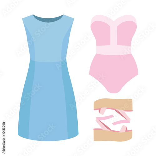 Set of trendy women's clothes. Outfit of woman solid swimsuit, dress and accessories. Women's wardrobe. Vector illustration