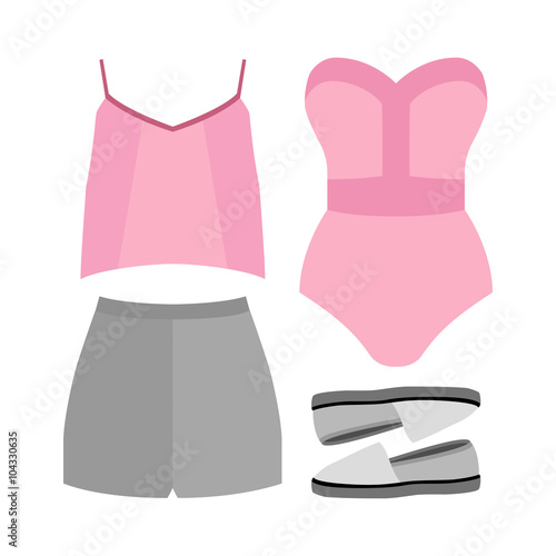 Set of trendy women's clothes. Outfit of woman swimsuit, shorts, top and accessories. Women's wardrobe. Vector illustration