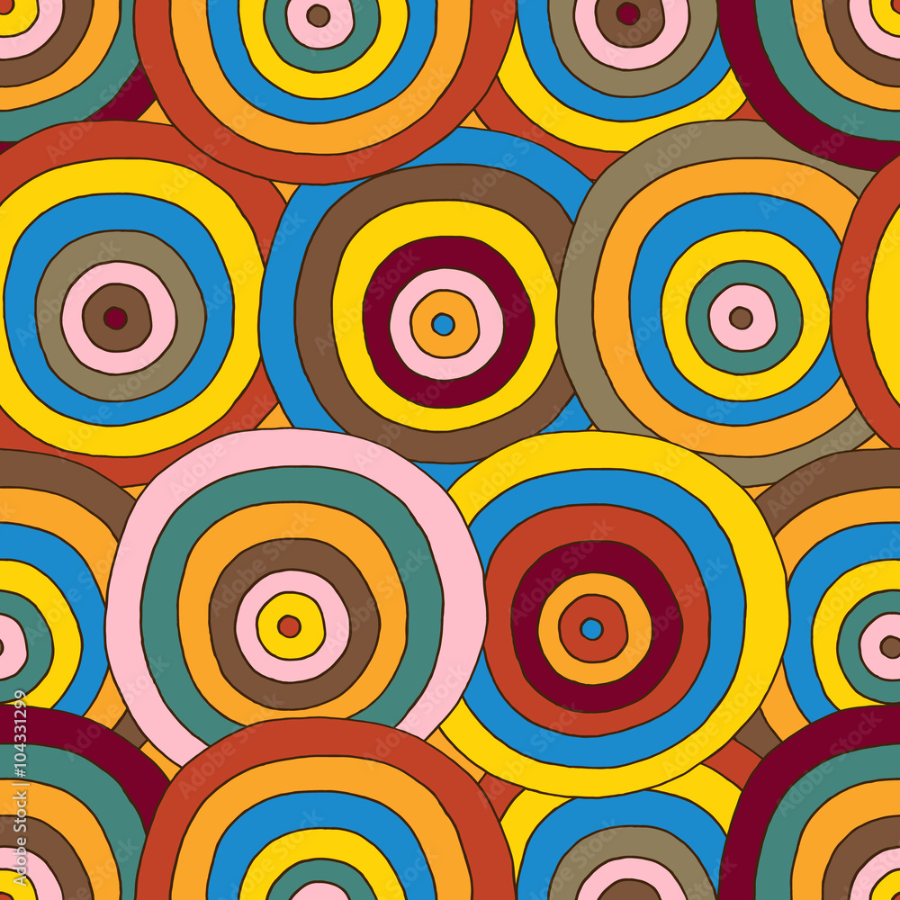 Fototapeta premium Endess bright background. Decorative psychedelic geometric pattern with doodle circles. Seamless pattern can be used for wallpaper, surface textures. Hand-drawn vector illustration.