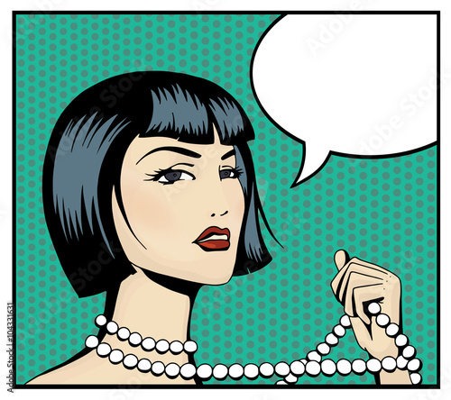 Pop art beautiful woman with a strand of beads. Cartoon brunette Hollywood movie star with blank speech bubble. Vintage advertising poster. Comic hand drawn vector illustration.