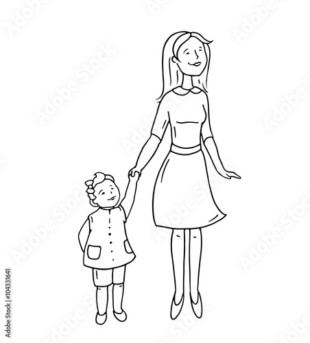 Happy cute parent and child standing together. Cartoon doodle mother and little dauther smiling. Hand drawn family vector illustration isolated on white background.