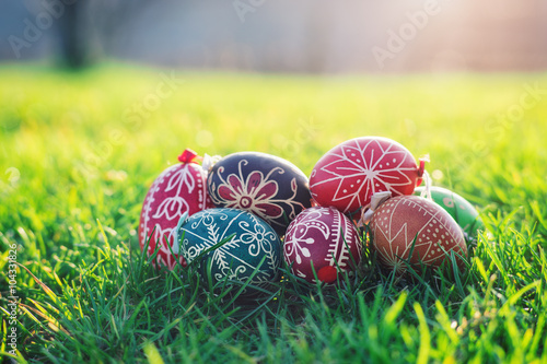 Outdoor photo from decorated Easter eggs with traditional hungarian patterns photo