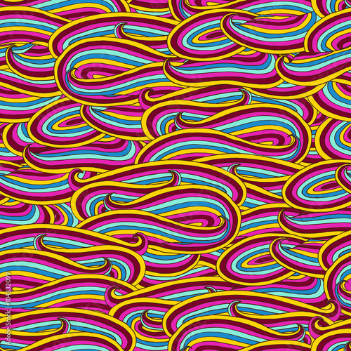 Endess bright background. Decorative psychedelic geometric pattern with doodle waves. Seamless pattern can be used for wallpaper, surface textures. Hand-drawn vector illustration.