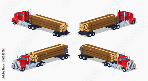 Log truck with the pile of logs. 3D lowpoly isometric vector illustration. The set of objects isolated against the white background and shown from different sides