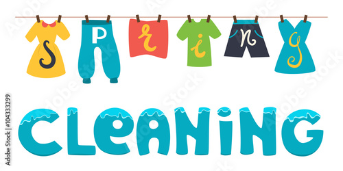 Spring cleaning. Vector banner illustration. Wash the clothes drying on the clothesline.