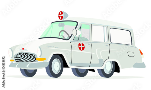 Caricatura GAZ Volga M22 Ambulancia blanca vista frontal y lateral