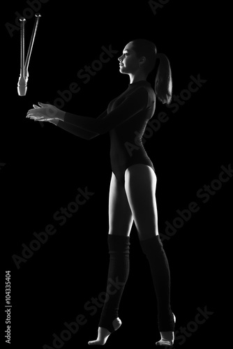 fitness, sport, people and healthcare concept - Young cute woman in gymnast suit show athletic skill on black background