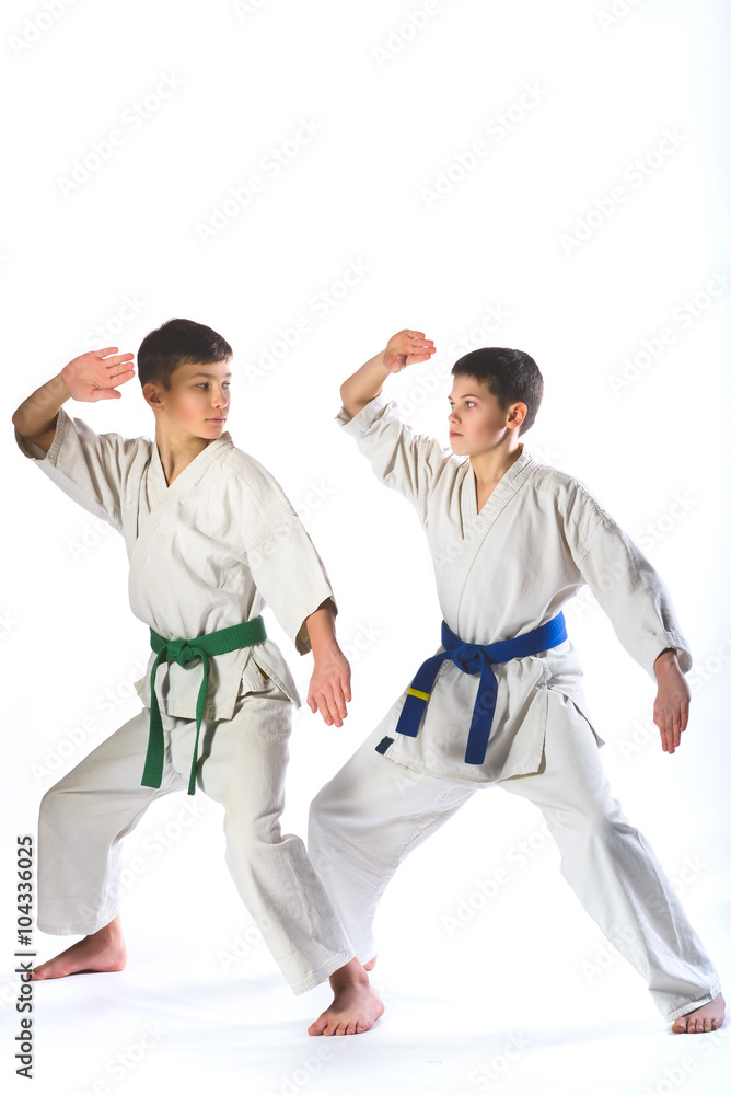 Karate boy in kimono fighting on a white background Karate boy in kimono fighting on a white background