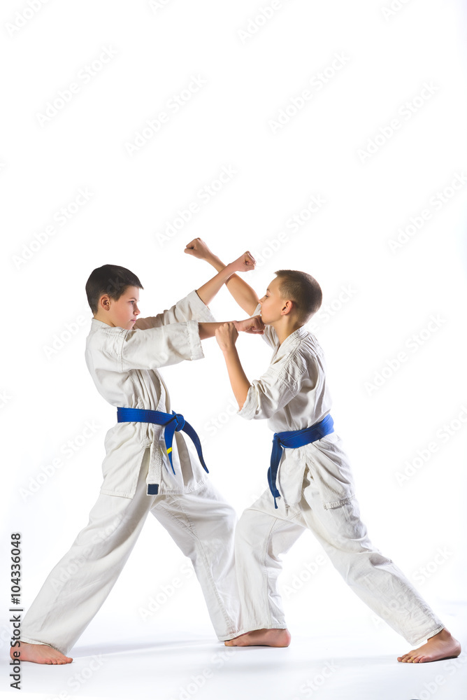 Karate boy in kimono fighting on a white background Karate boy in kimono fighting on a white background