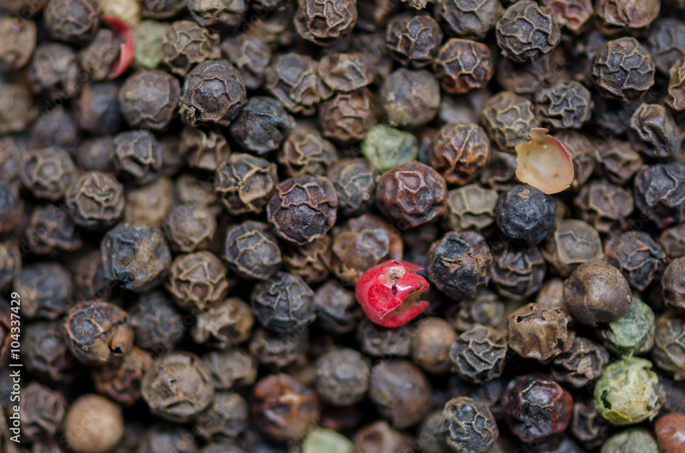Red Peppercorn in Group of Black Peppercorns Red Peppercorn in Group of Black Peppercorns