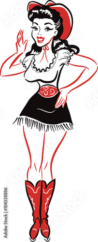 1940s vintage style red and black line drawing of cowgirl pinup making an announcement