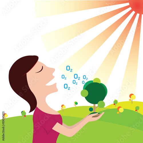Women breathe oxygen in pure nature.save the Earth