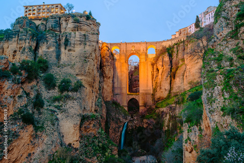 Ronda, at the Puente Nuevo Bridge over the Tajo Gorge in the evening. Andalusia. Spain