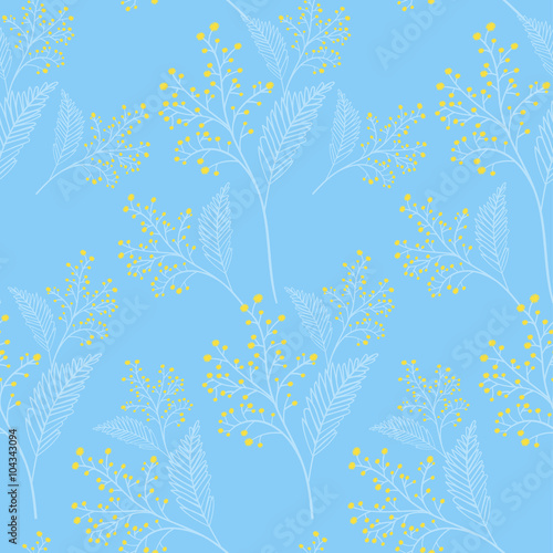 Mimosa flowers spring pattern vector seamless. Flower pattern with yellow flowers on blue background - for wrapping, scrapbook and ceramic