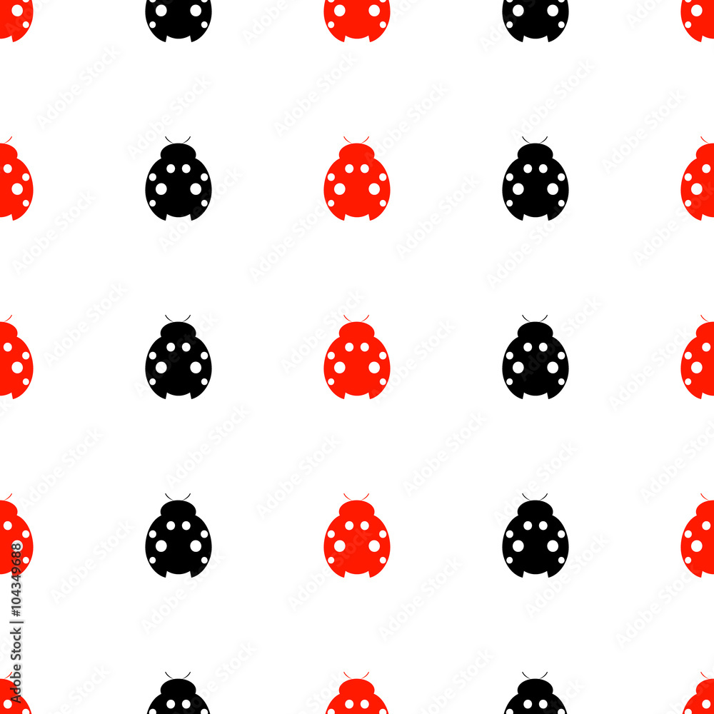 Seamless vector pattern with insects, symmetrical background with bright red and black decorative ladybugs,  on the white backdrop. Series of Animals and Insects Seamless Patterns.