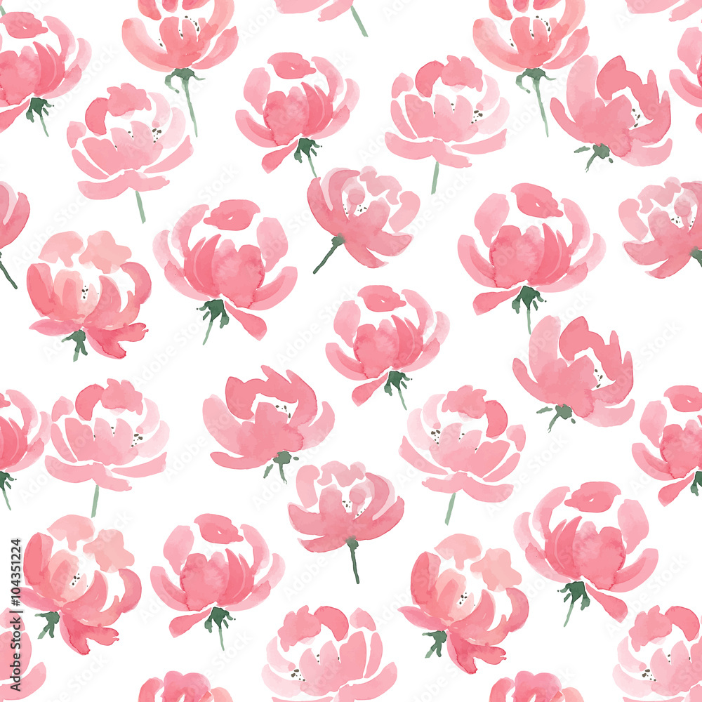 Watercolor Peonies seamless fabric pattern. Hand Drawn Vector Illustration