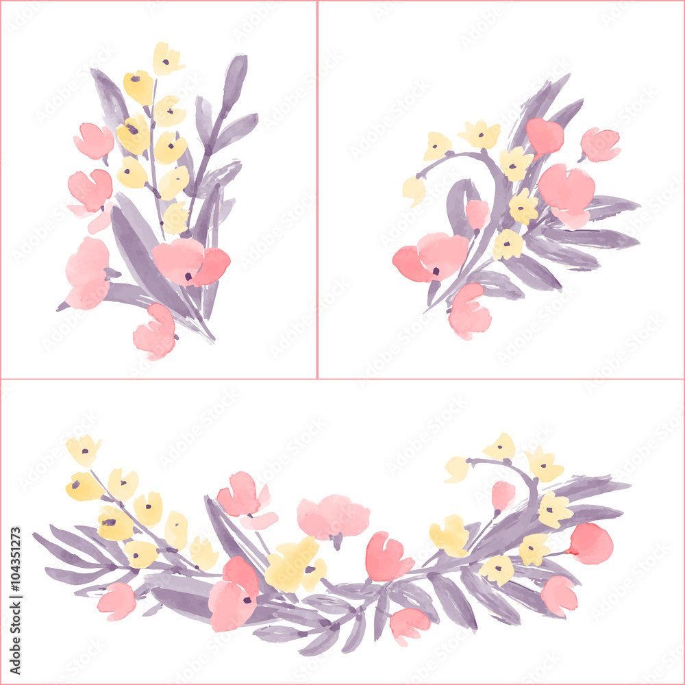 Hand Drawn Flowers and Leaf composition for your design. Can be used for birthday card, wedding invitations or page decoration. Isolated on white background.