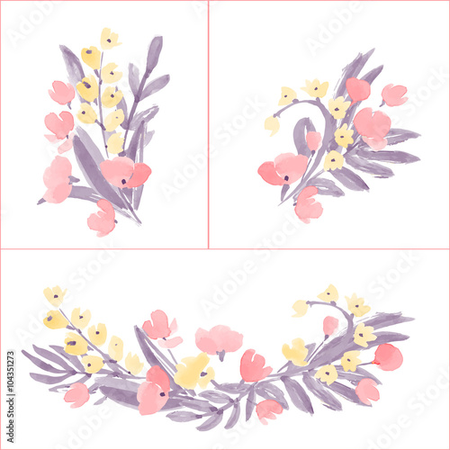 Hand Drawn Flowers and Leaf composition for your design. Can be used for birthday card  wedding invitations or page decoration. Isolated on white background.