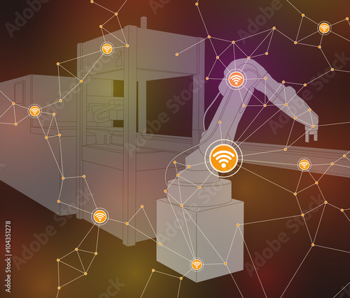 industrial machinery and robotic arm, wireless network, internet of things, factory automation, line drawing illustration, vector