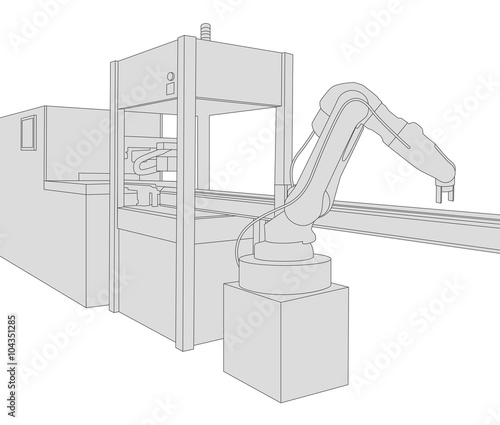 industrial machinery and robotic arm, factory automation, line drawing illustration, vector