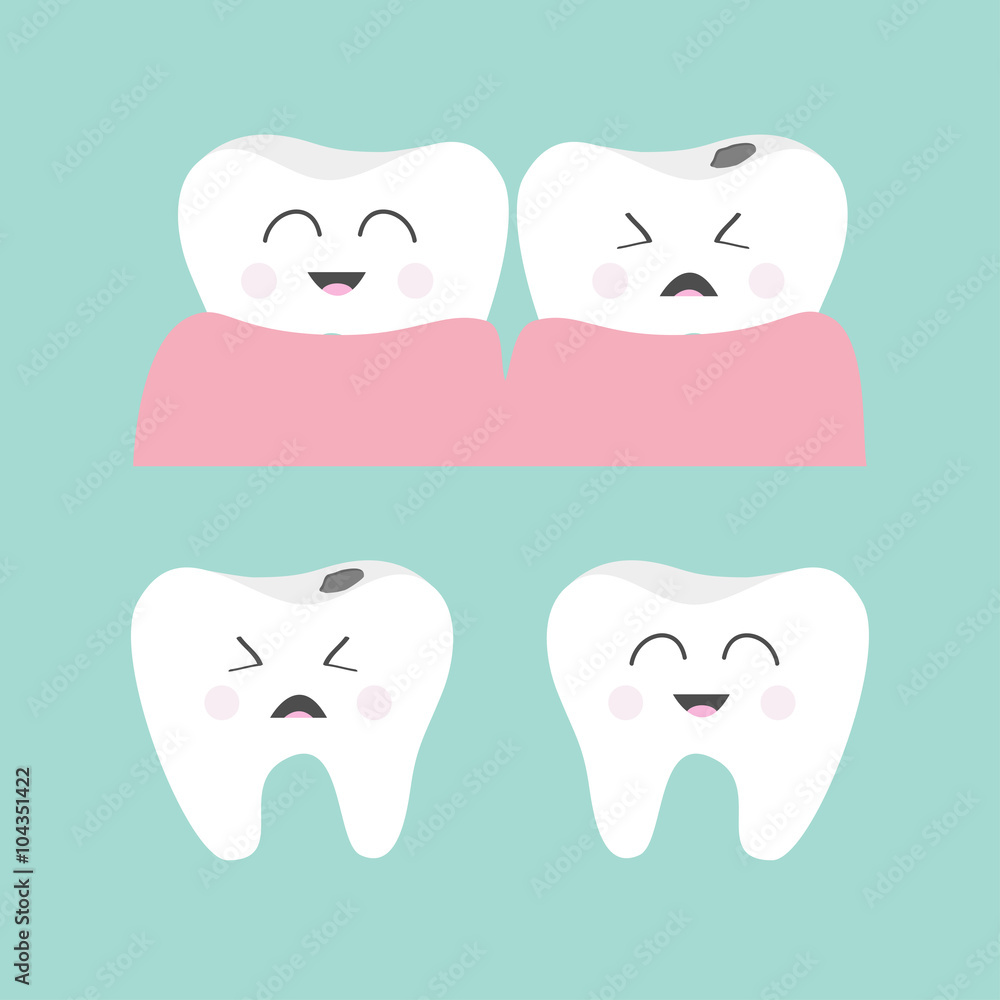 Obraz premium Tooth gum icon set. Healthy smiling tooth. Crying bad ill tooth with caries. Cute character set. Oral dental hygiene. Children teeth care. Tooth health. Baby background. Flat design.